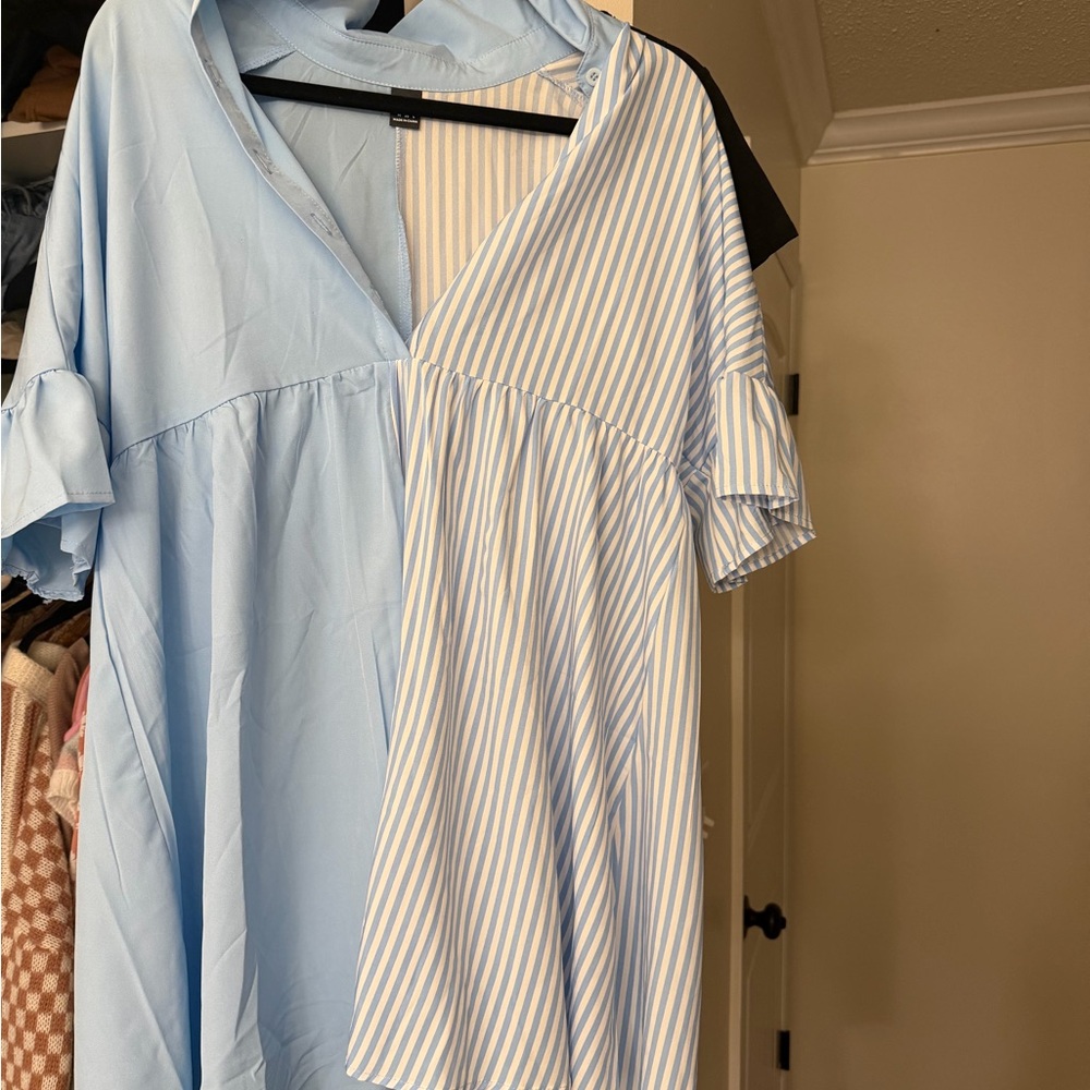 Light Blue Striped & Solid Mixed-Panel Women’s Dress
